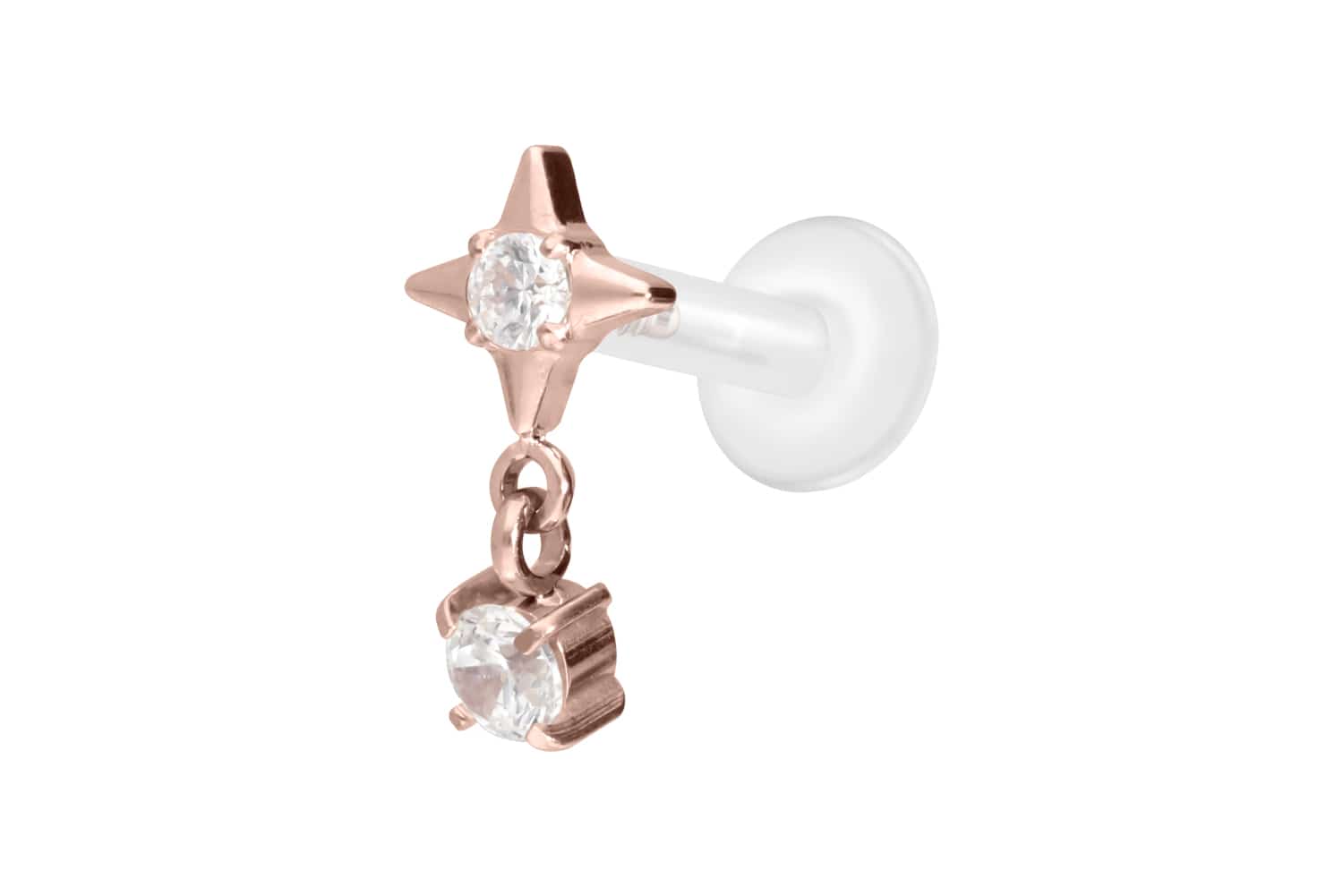PTFE Labret Piercing mit Innengewinde + Titan-Aufsatz STERN + KRISTALL